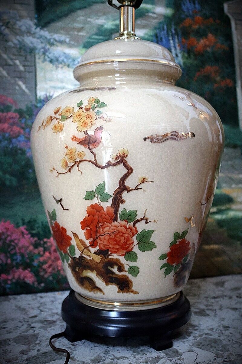Vintage Hand Painted Glass Floral Beige Vase Ginger Jar Oriental Asian Style Tab