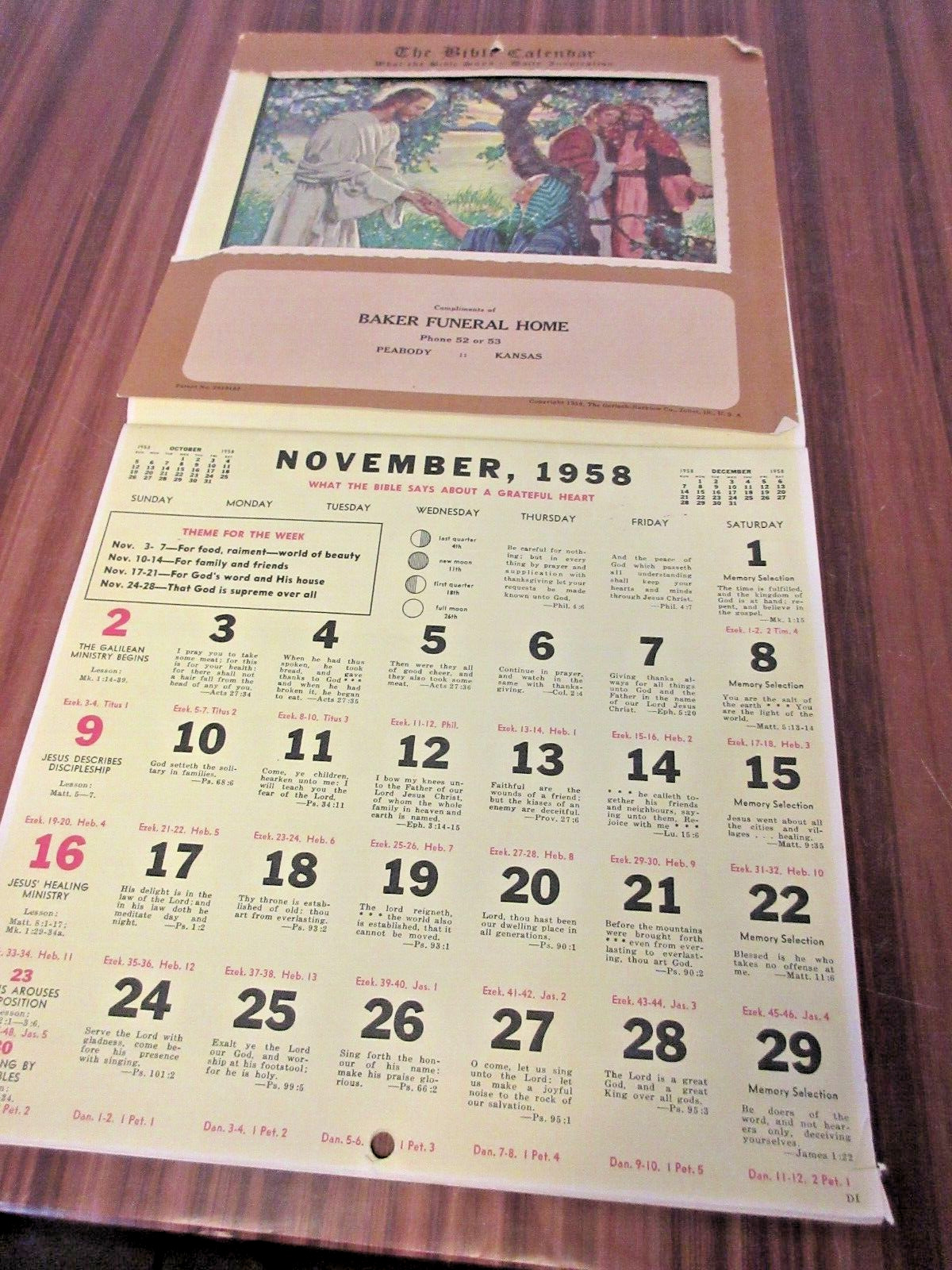 Antique Vtg 1958 Calendar Baker Funeral Home Peabody Kansas KS