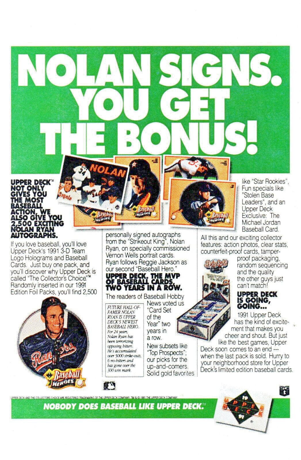 1991 NOLAN RYAN Sign Autograph Upper Deck MLB Baseball Trading Cards PRINT AD