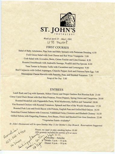 St John's Restaurant Menus & Wine Lists Market Street Chattanooga Tennessee 2001