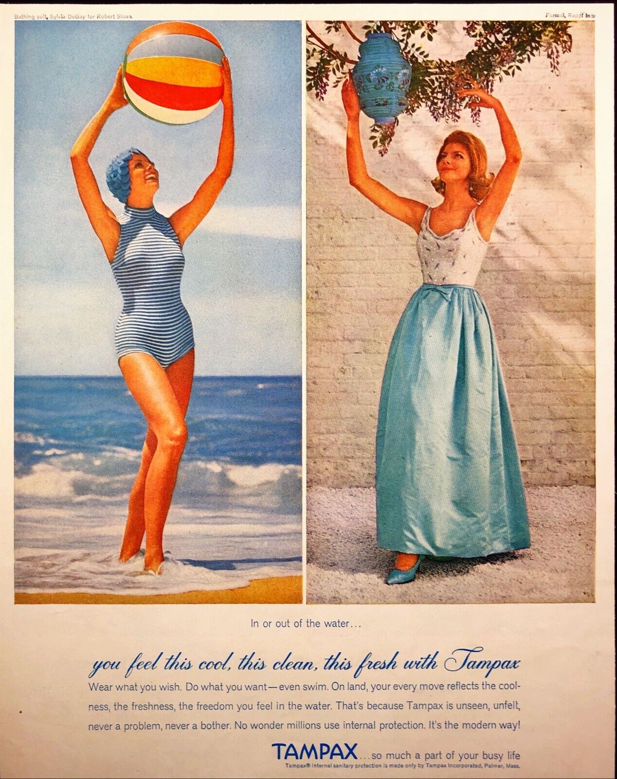 1962 Tampax In Or Out Of The Water Beach Ball Living Room Vintage Print Ad