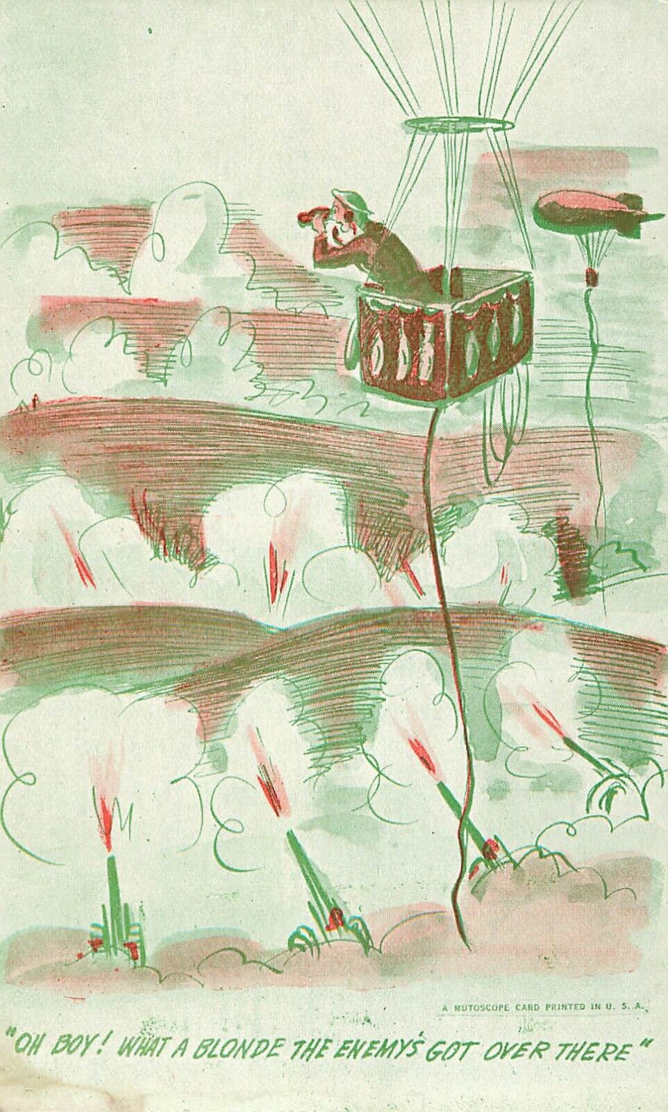 Mutoscope WWII Postcard Balloon Observer Sees a Blonde Across The Battlefield