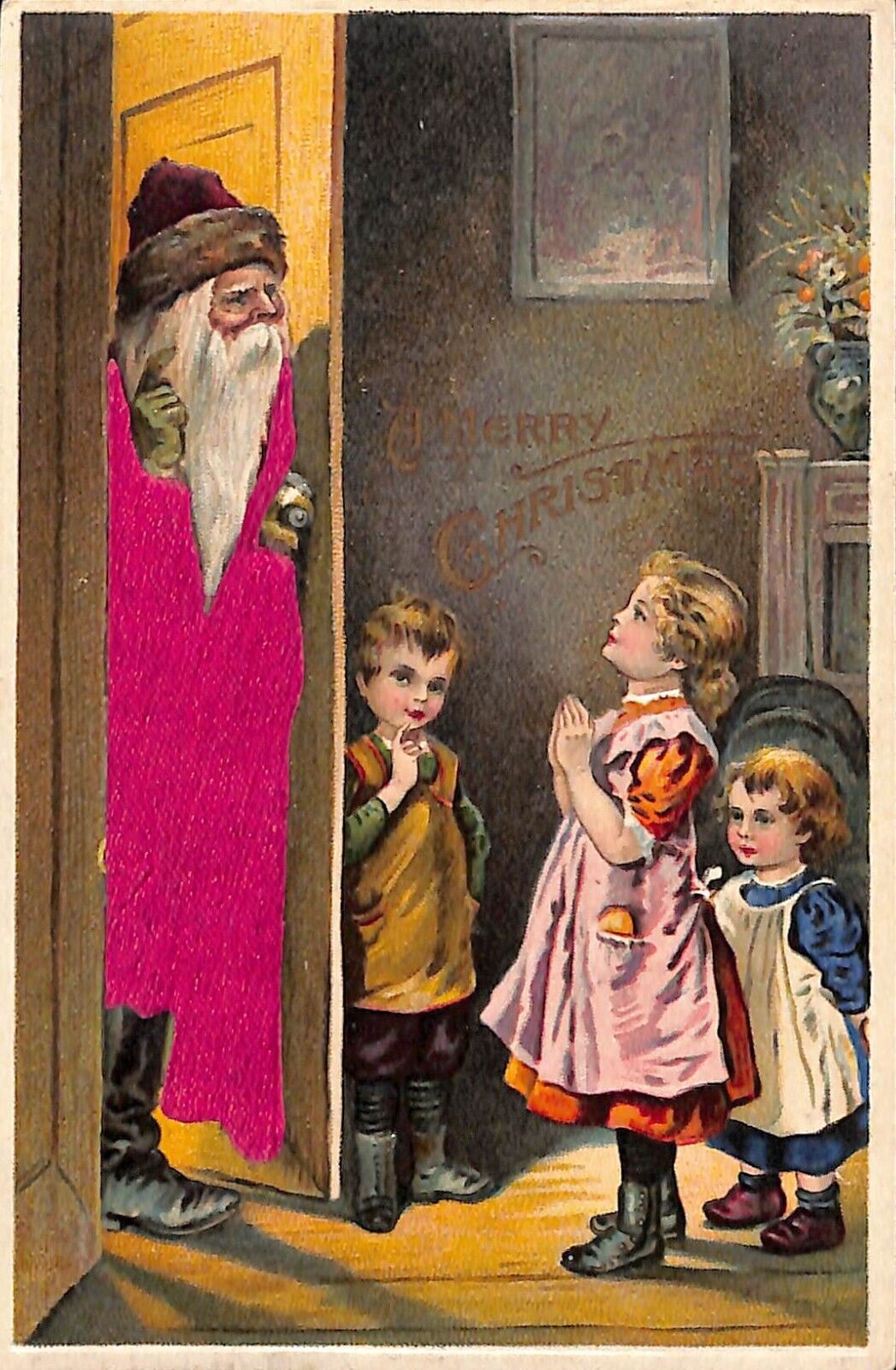 c1910 Pink Satin Novelty Santa Claus Doorway Children Germany Christmas P543