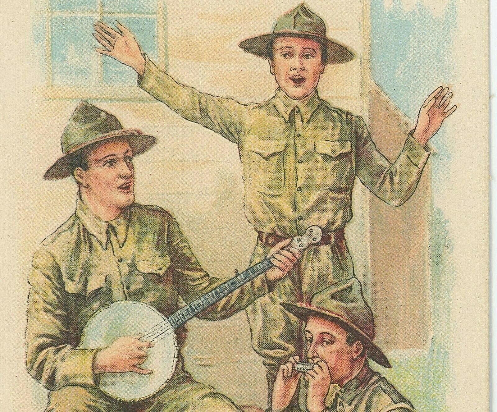  WWI, 3 US Soldiers Singing And Playing Music, Banjo, Harmonica, Army