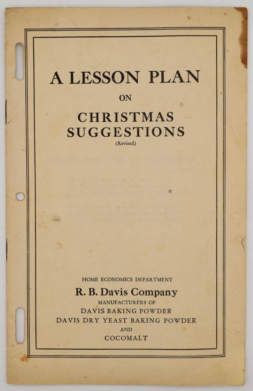 1930\'s R B Davis Home Economics School Lesson Plan Christmas Baking Recipe Vtg