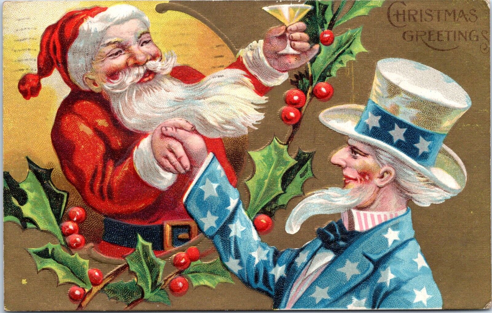 Original 1910 Christmas Postcard - Santa Claus Drinks to Uncle Sam - Toasts