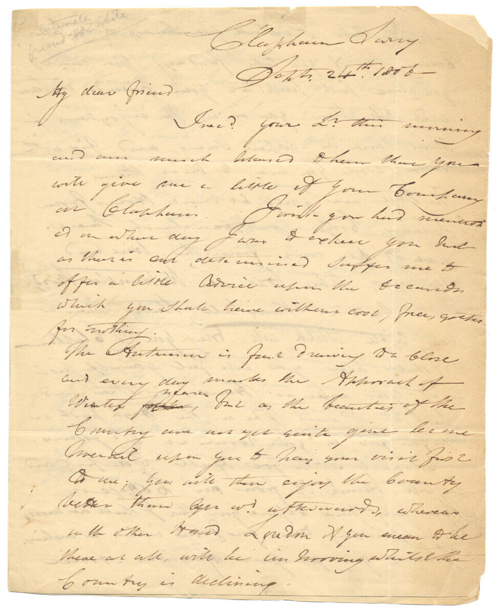 1806 Letter to Abolitionist John Charlesworth to Poet, Essayist + Hymn-Writer