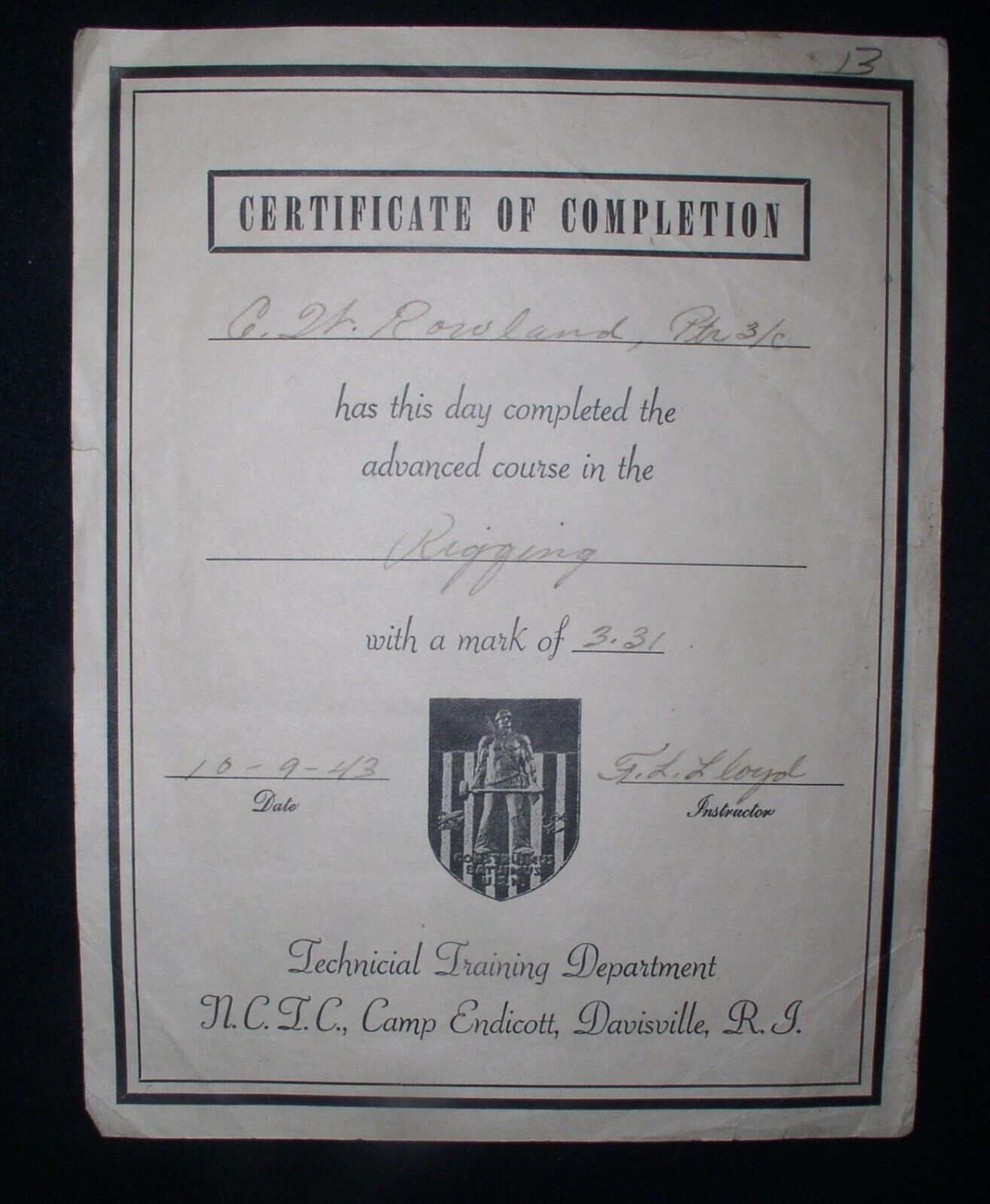 Camp Endicott Seabees Training Center~Rigging Completion Certificate, 1943