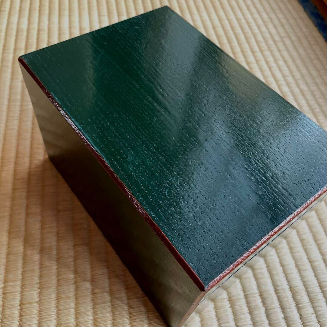 Tea Ceremony Field Box, Lacquered, Dark Green, Vermilion Rim, With Fukusa Japan