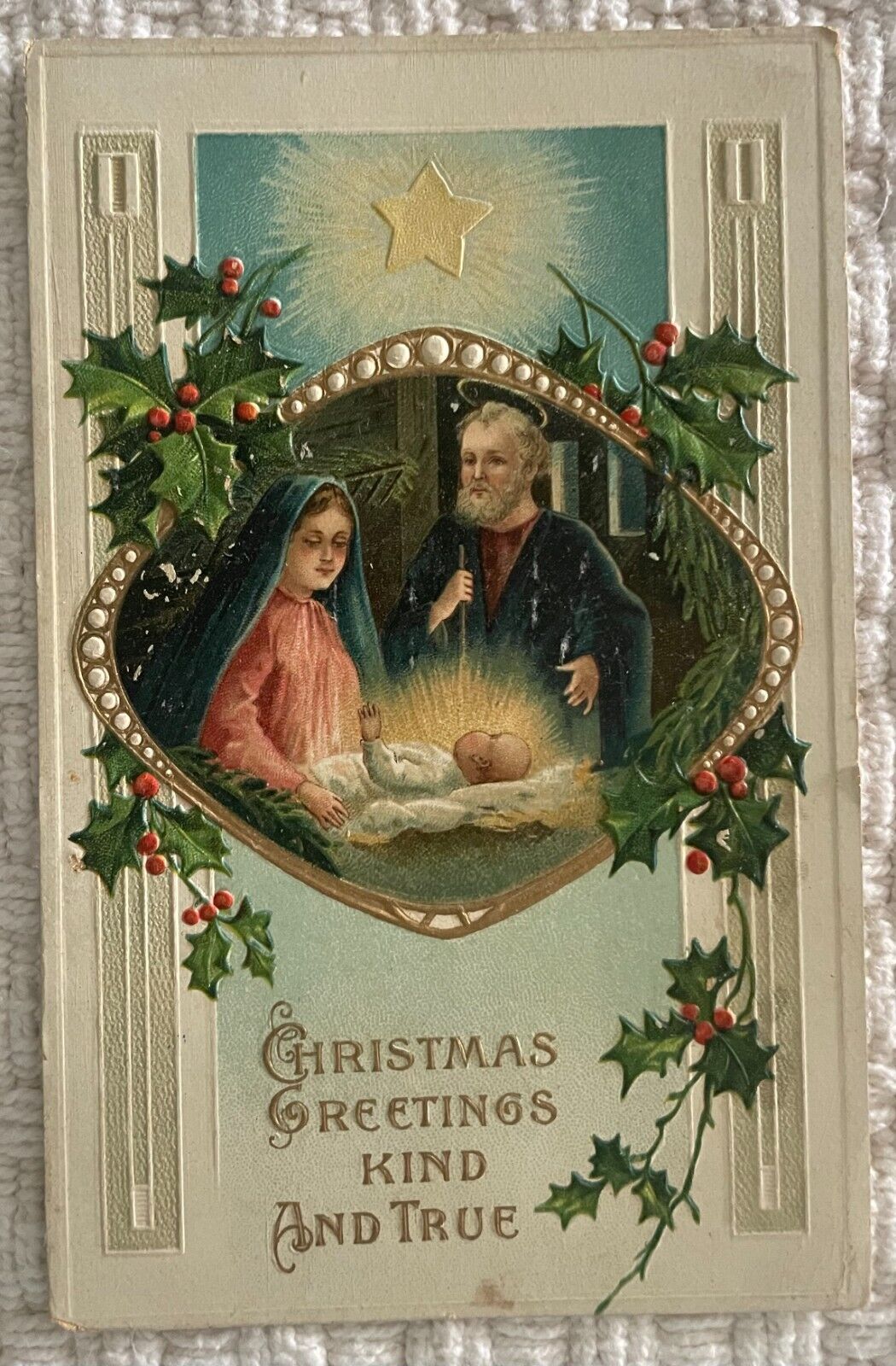 Christmas Mary Joseph Baby Jesus Vintage Postcard gold gilt inlay