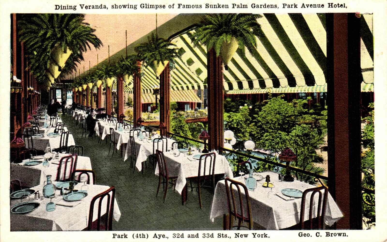 Postcard dining veranda, famous sunken Palm Garden Park Ave. hotel, New York