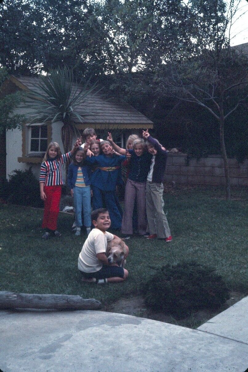 1969 Birthday Party Friends Kids Silly Group Photo Outside Vintage 35mm Slide