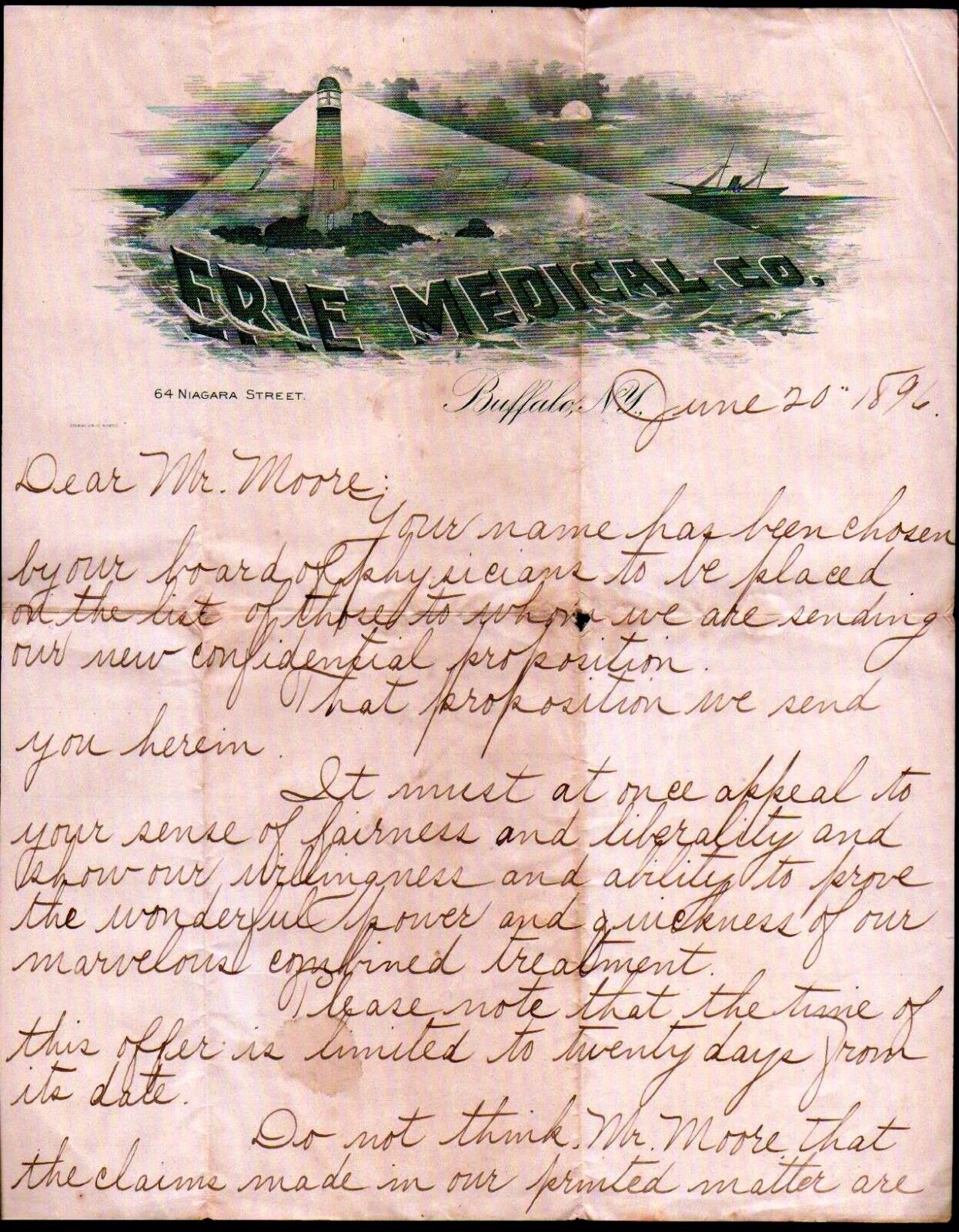 1896 Buffalo NY - Erie Medical Co - Rare History Letter Head Bill