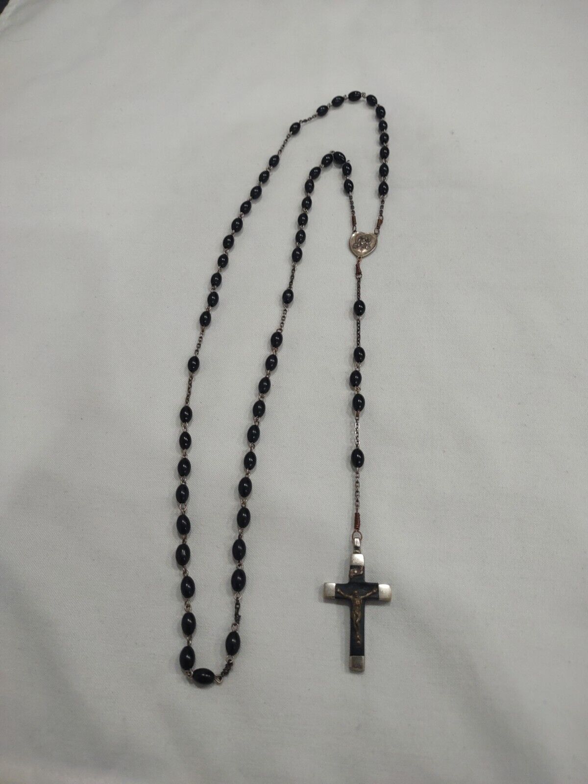 Antique Sterling Silver Center Germany Black Bakelite Bead Rosary Bead Necklace