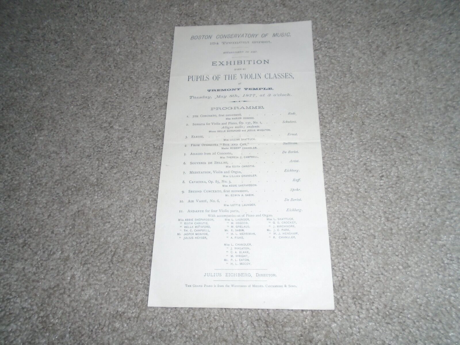 1877 Boston Conservatory of Music Program/Broadside/Flyer Exhibition Violin
