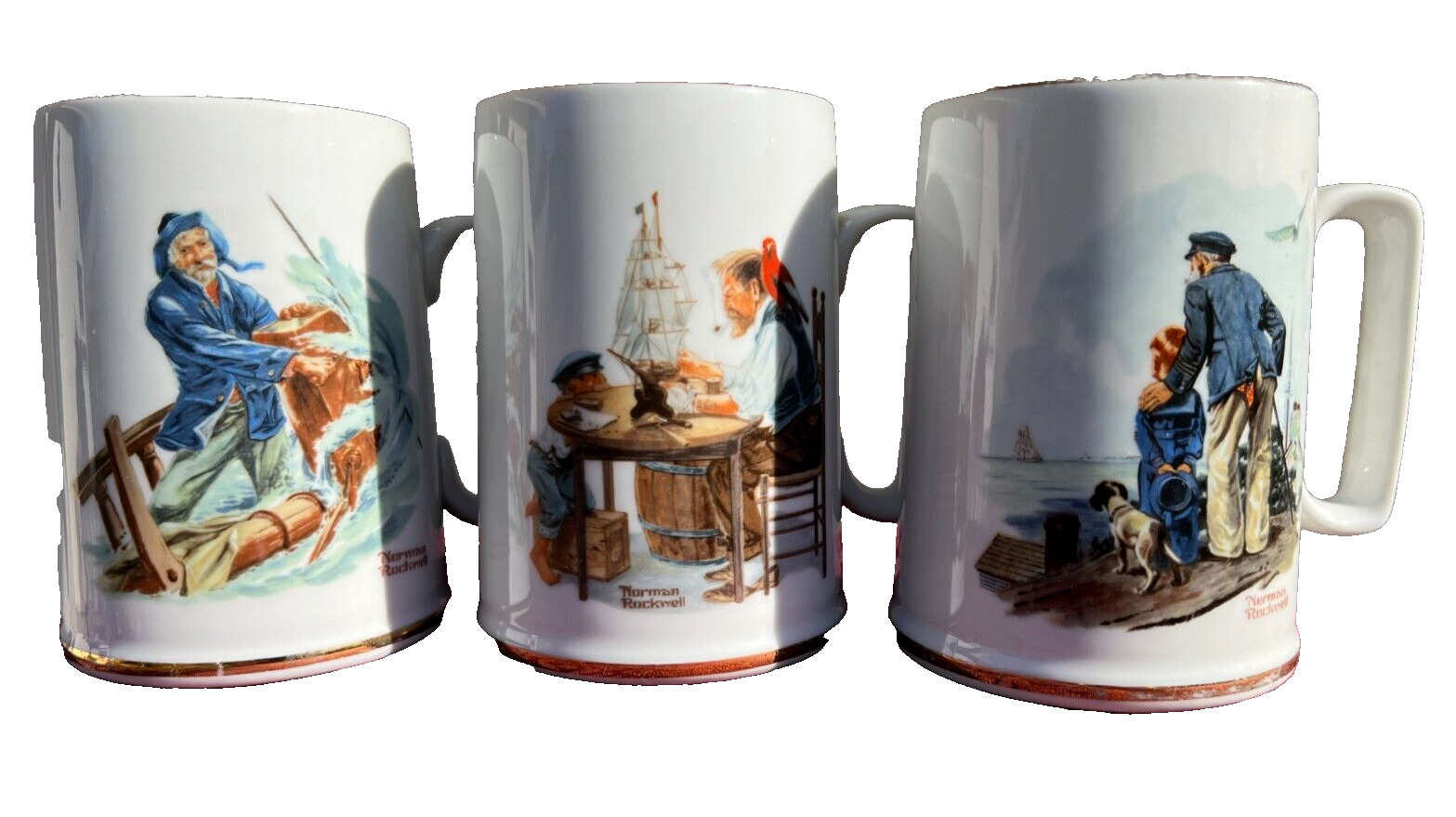 VTG 1985 Norman Rockwell Museum Coffee Mugs Authentic Seal Sailor 3 Tankards Set