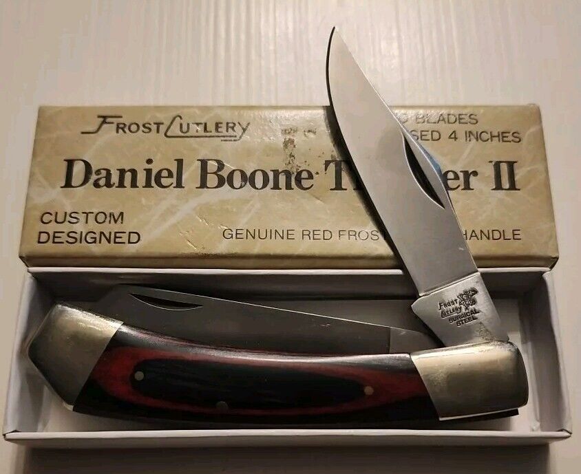 Frost Cutlery Daniel Boone Trapper II Rare Smooth RED Hardwood Pocket Knife NOS