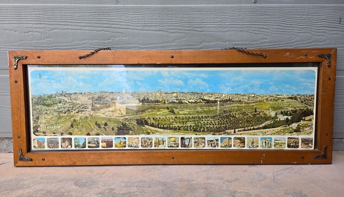 Vintage double sided Jerusalem panoramic view framed wall print view ~ Israel ~