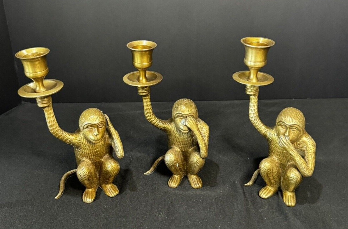 Vintage Brass Candlesticks Hear No Evil, See No Evil, Speak No Evil Monkey