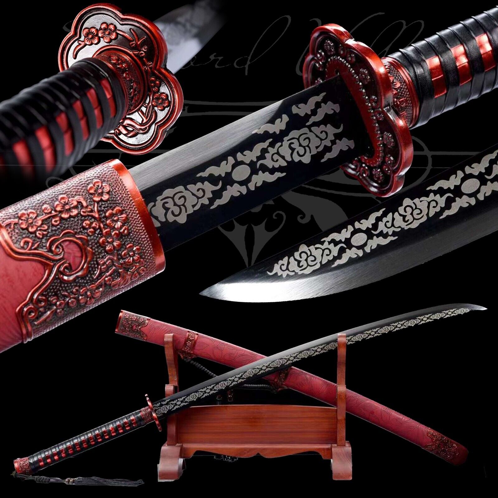 Handmade Katana/Manganese Steel/Fighting Master/Real Samurai Sword/Red/Sharpe