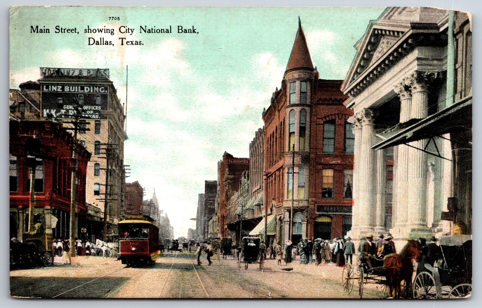 Dallas Texas~Main Street~City National Bank~Linz Building~Crowds~c1910 PC