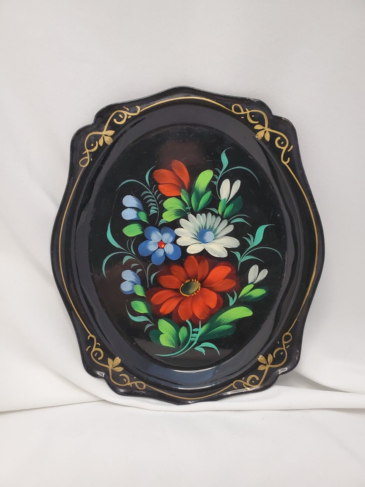 Vintage Russian Tole Ware Hand Painted Floral Mini Tray