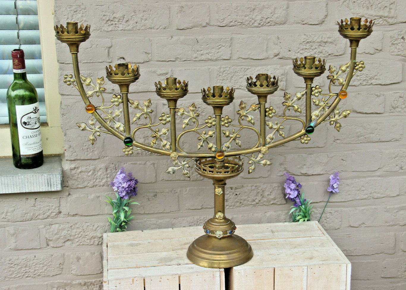 XXL Antique Altar church 7 arm bronze candelabra stones candle holder religious
