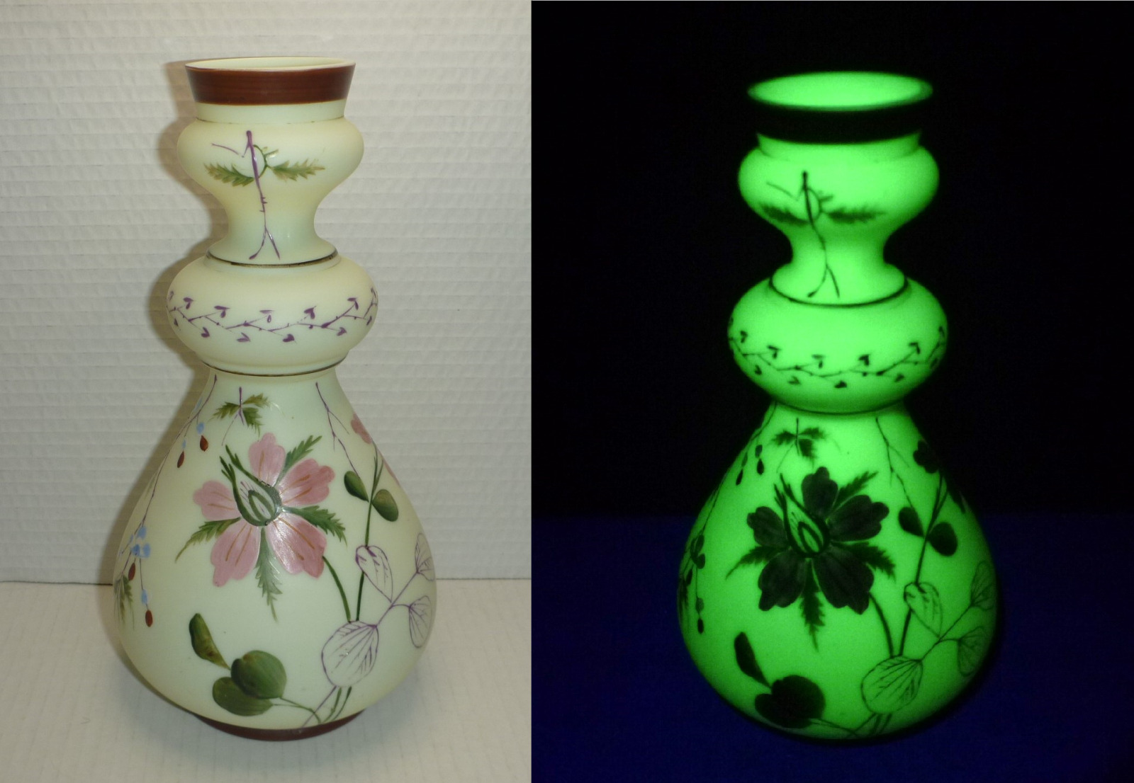 Antique Vintage Victorian  Bohemian Harrach Uranium Glass Vase Painted Flowers
