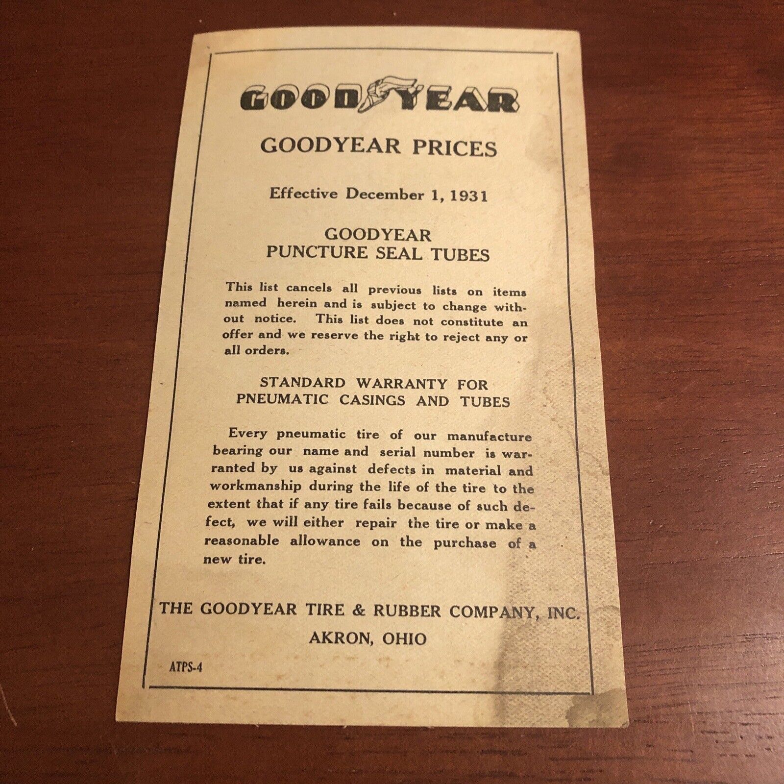 1931 GOODYEAR PUNCTURE SEAL TIRE TUBES Price List # ATPS-4 ~ VINTAGE ~ AUTHENTIC