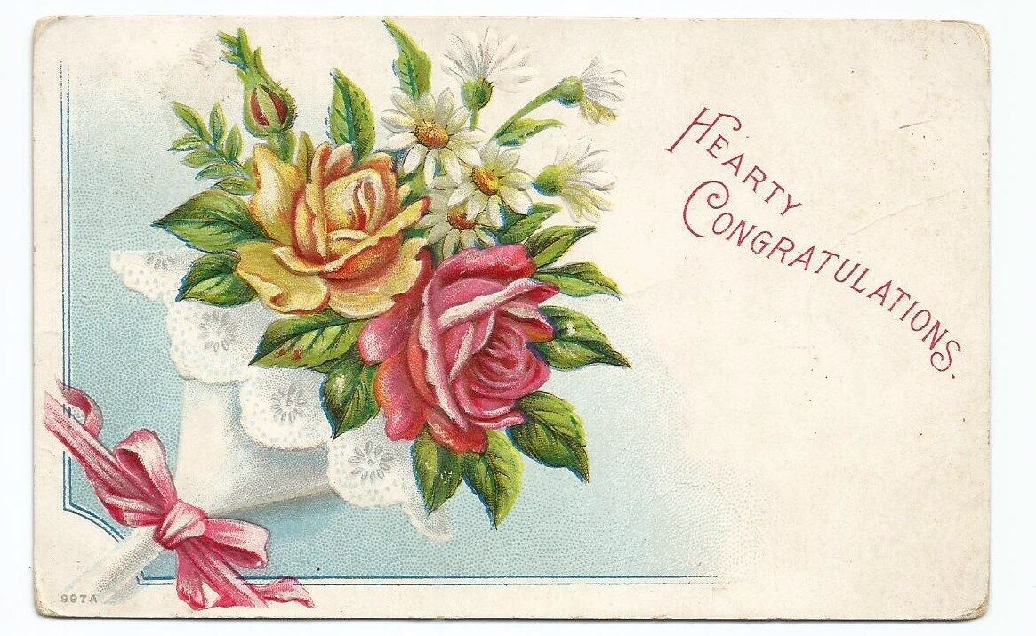 Roses Congratulations Greeting Postcard Flowers Embossed c1910