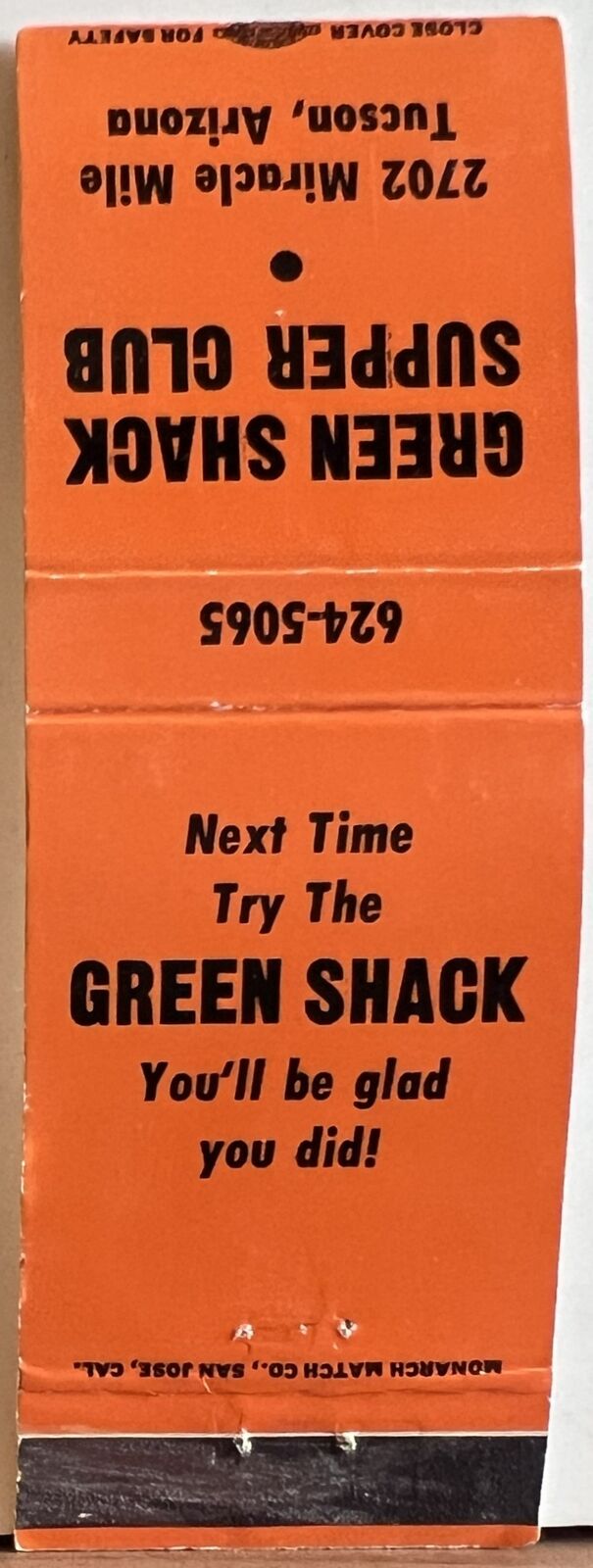 Green Shack Supper Club Tucson AZ Arizona Vintage Matchbook Cover