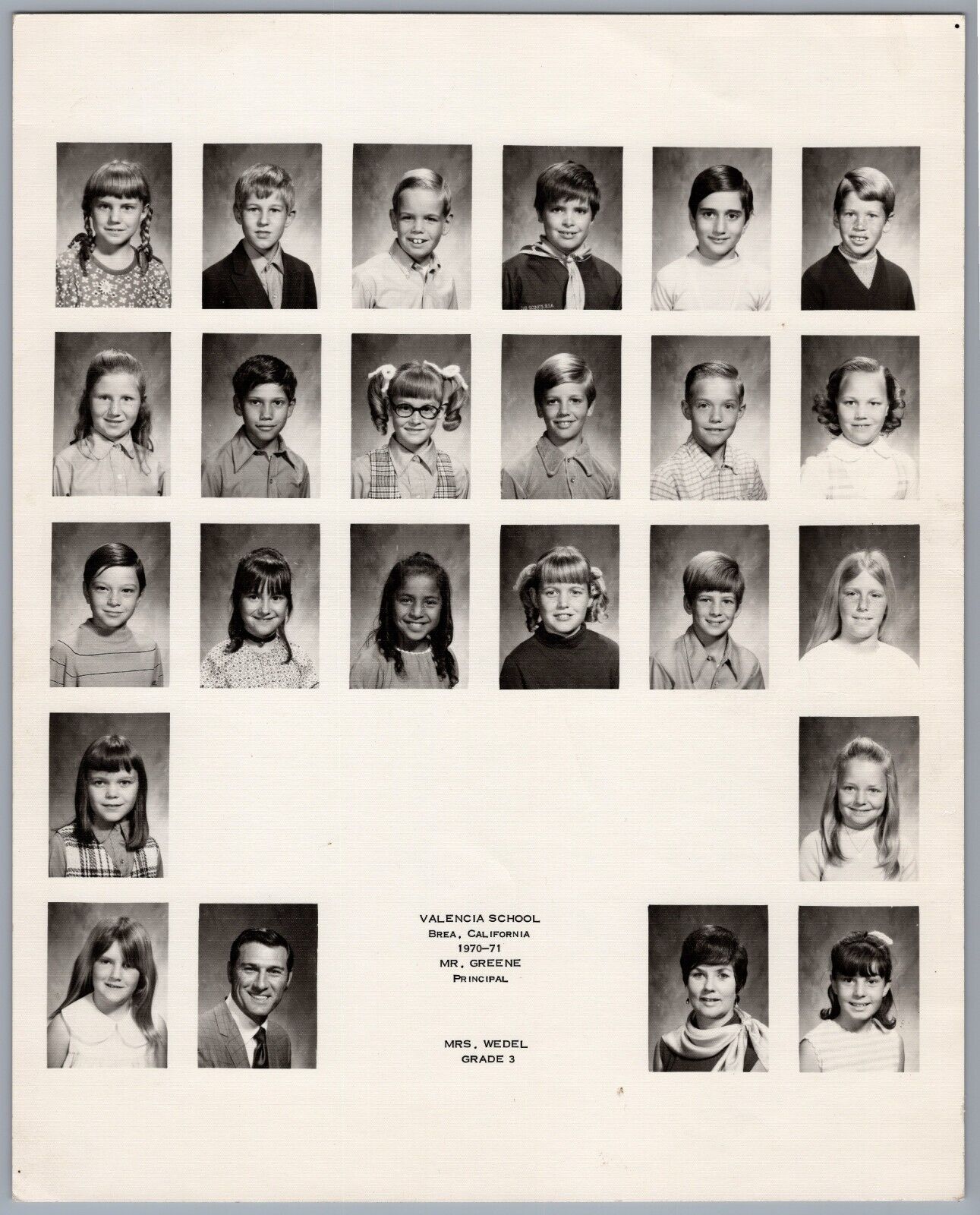 1970 Valencia School Brea, California Class Photo 3rd Grade Mrs. Wedel