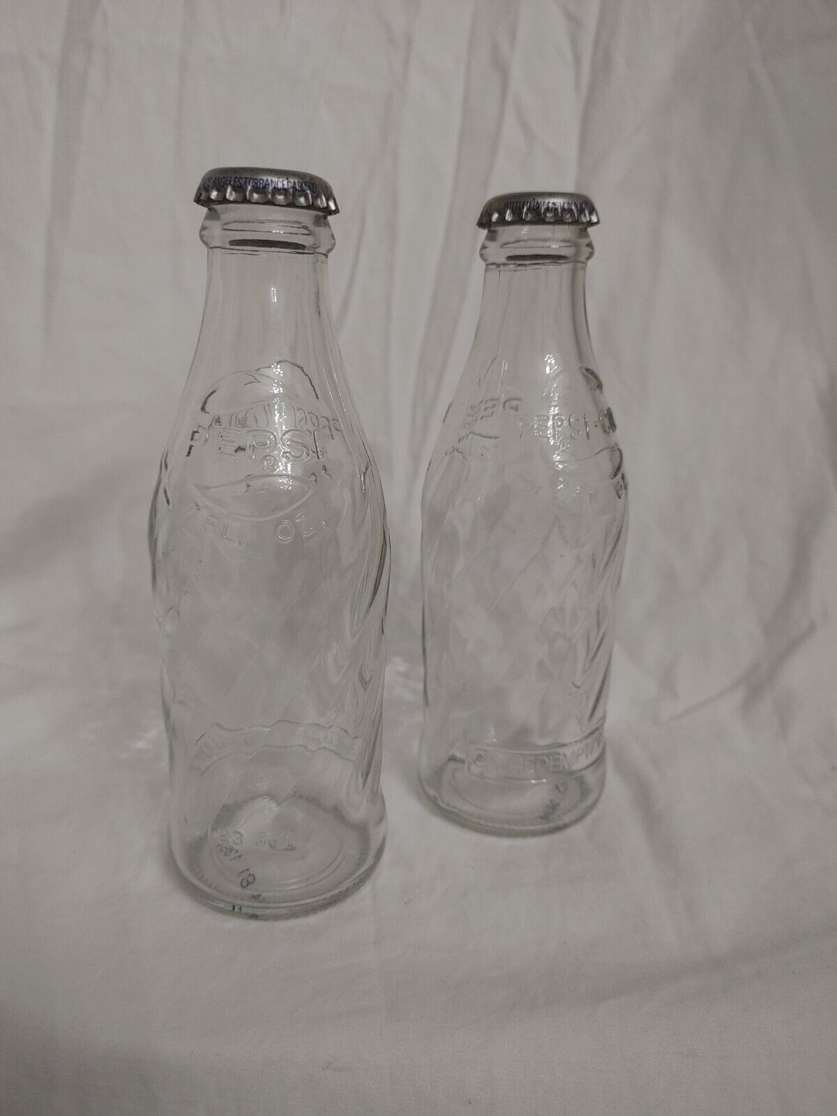 LOT of 2 Vintage Pepsi Cola 7oz Swirled Clear Logo Bottles - Excellent