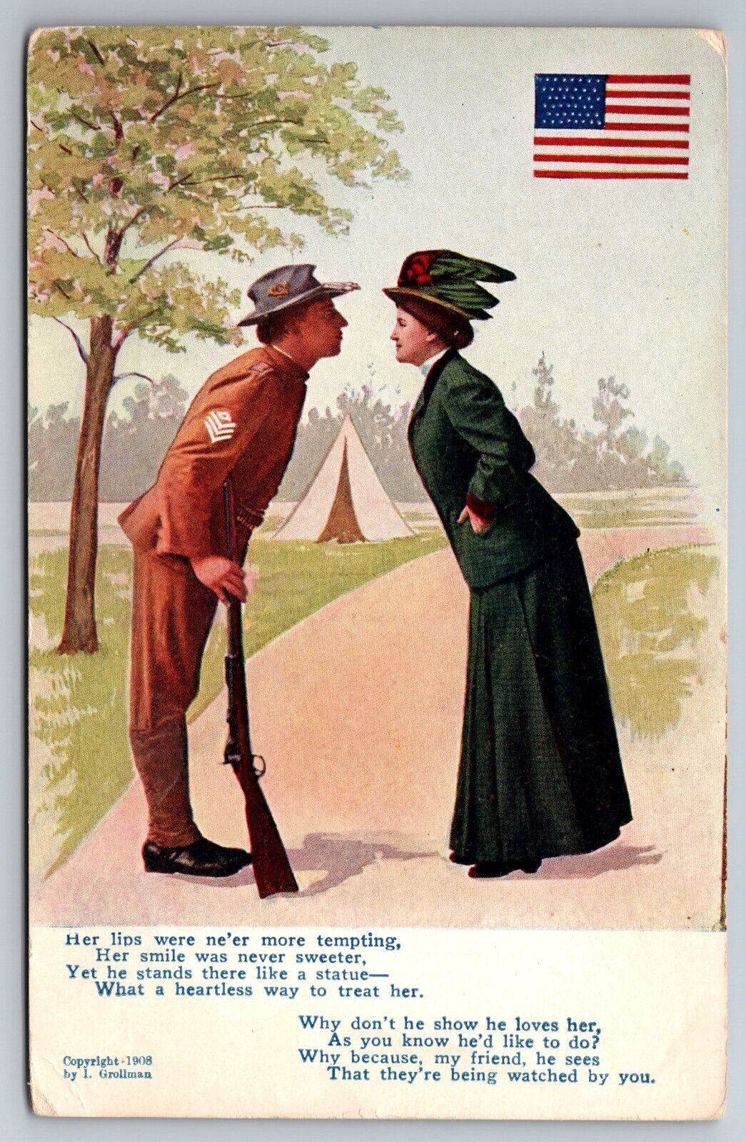 WWI Soldier And Woman Romantic Poem American Flag Vintage c1908 Postcard