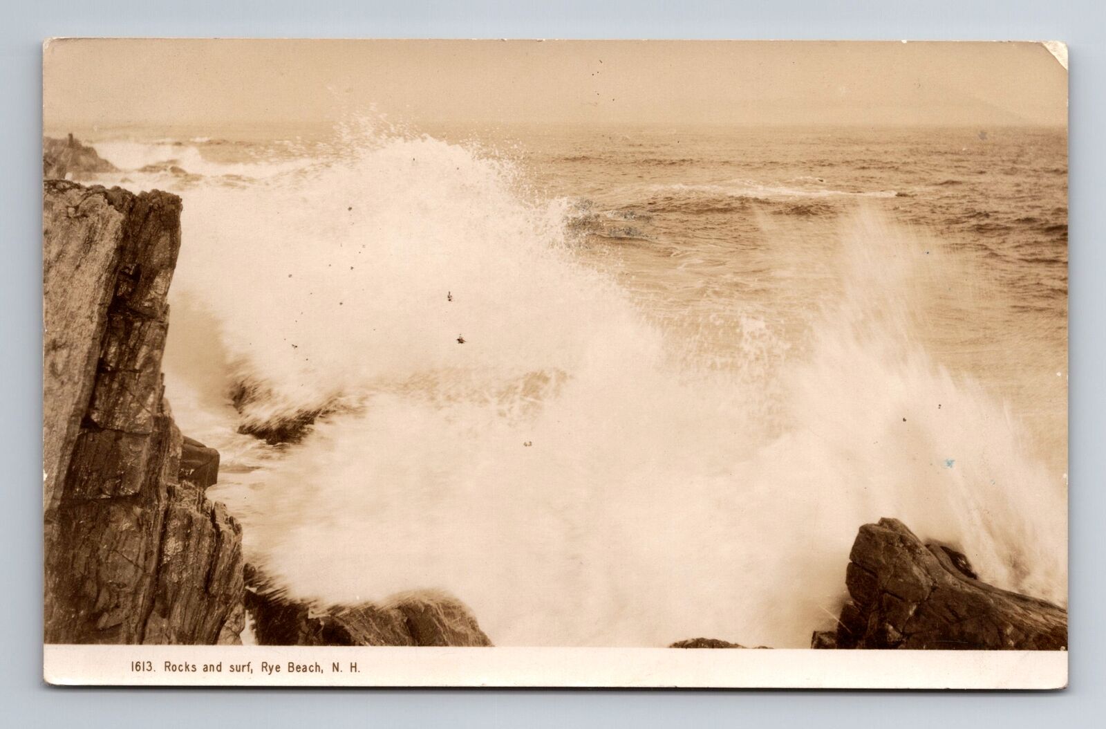 Rye Beach NH-New Hampshire RPPC, Rocks & Surf, Ocean Vintage c1936 Postcard