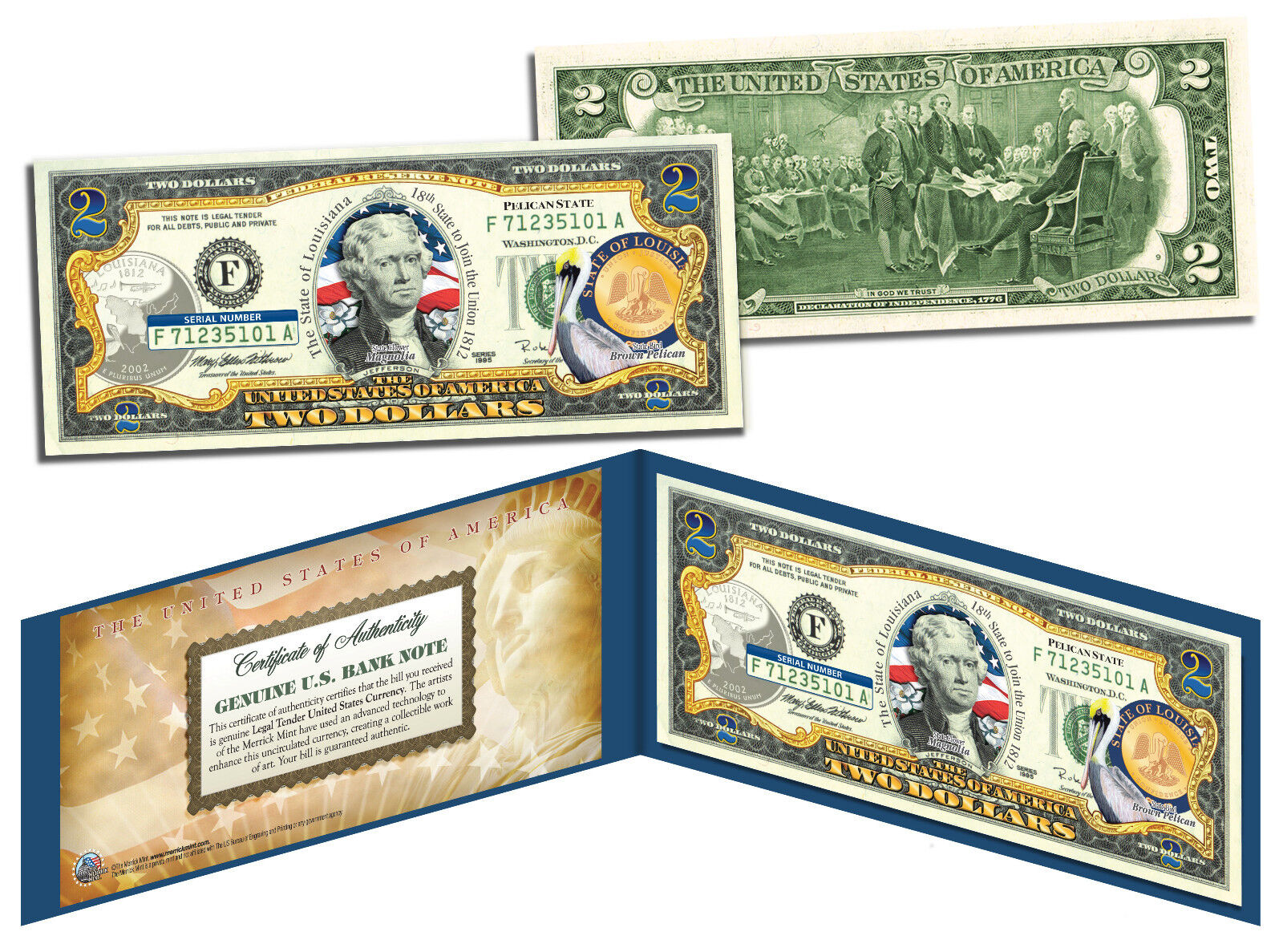LOUISIANA Statehood $2 Two-Dollar Colorized U.S. Bill LA State *Legal Tender*