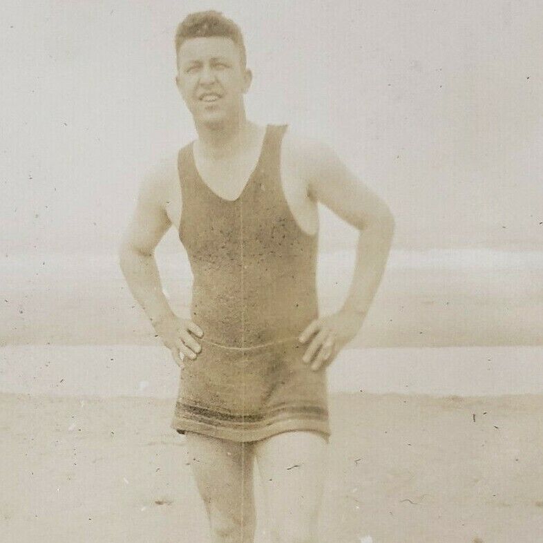 Rockaway Beach Oregon 1925 Tillamook Man Bathing Swimsuit Fashion Gay Photo J153