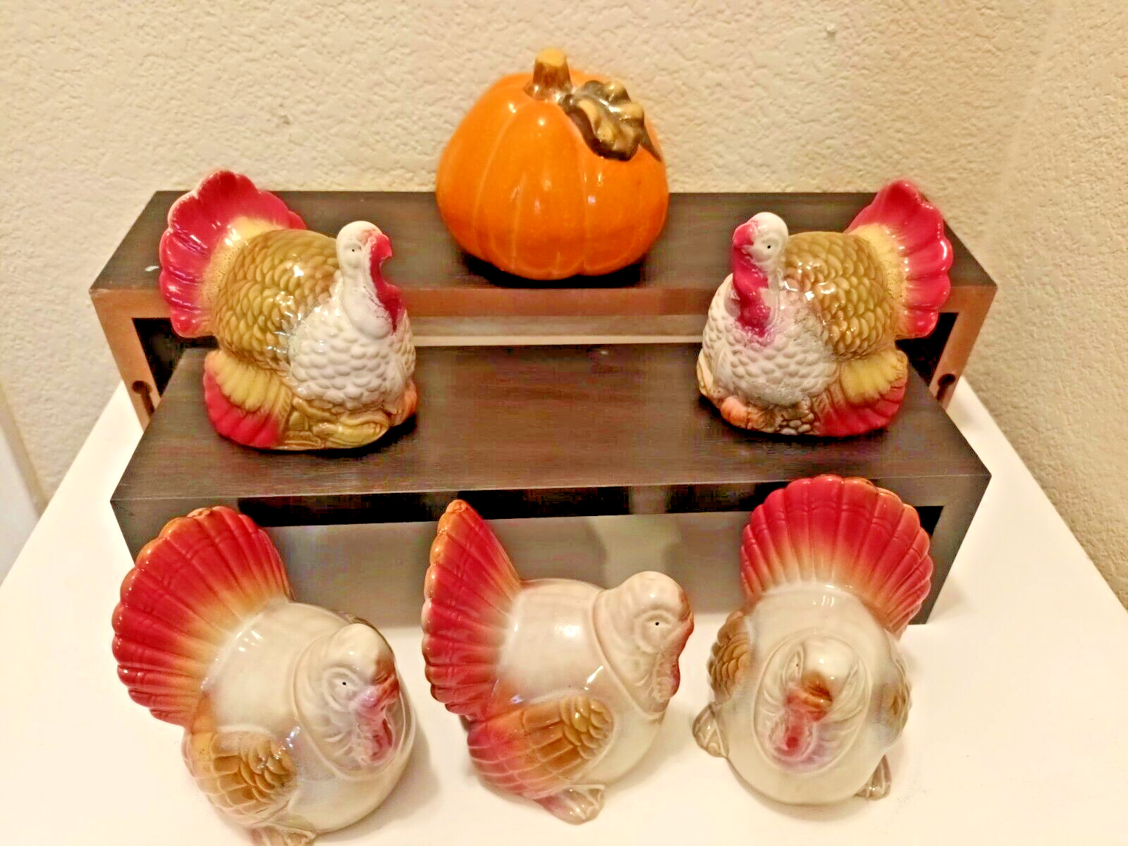 Set of 5 Rare Vintage Ceramic Pumpkin & Turkey Figures Fall Thanksgiving Decor