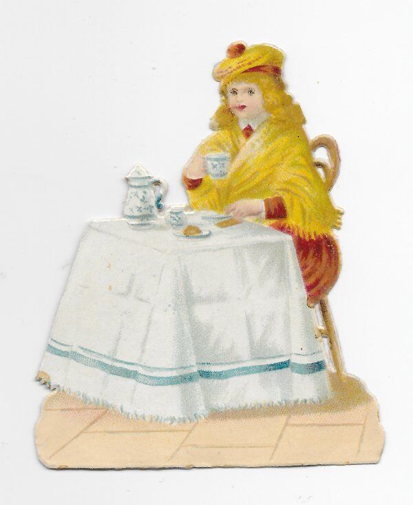 1888 Chromo de Coupis Tea Party Kids No.1, Antique Victorian Die-Cut, 3\