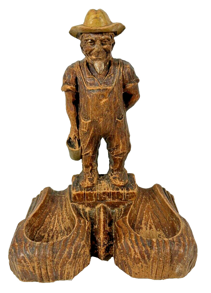 RARE Vintage Pipe Rest Orna Wood 2 Slot Farmer Mountain Man Figurine Pipe Rest