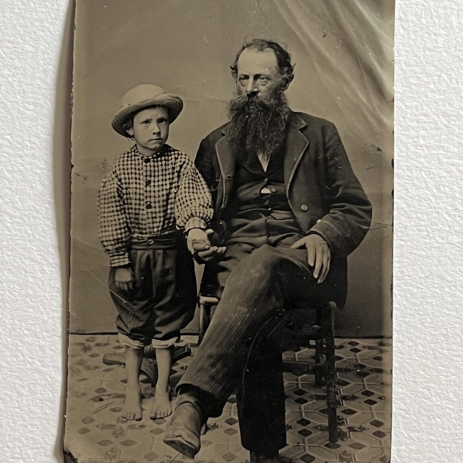 Antique Tintype Photograph Adorable Boy With Grandfather Holding Hand Bare Foot