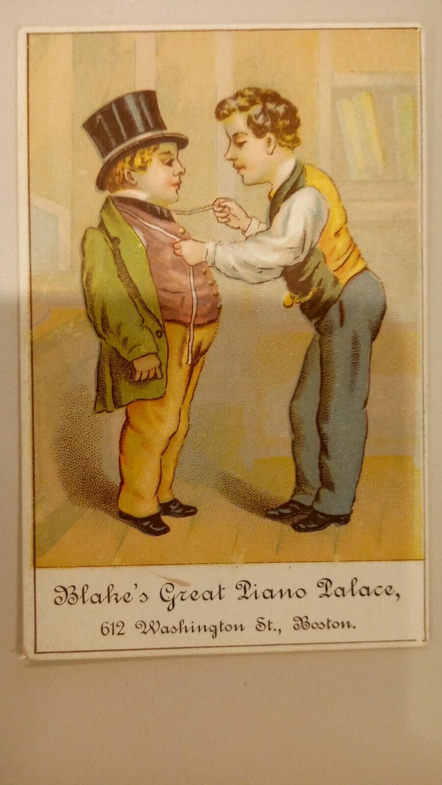Victorian Advertising Trade Card Blakes Great Piano Palace Boston Top Hat 1880's