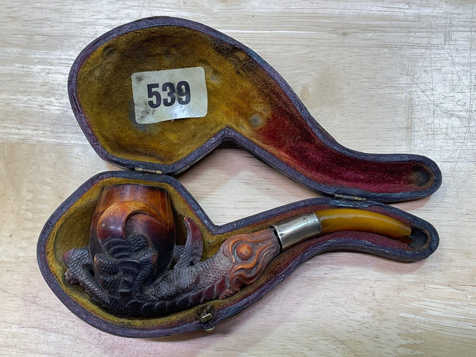Antique Meerschaum eagle talon dragon Claw Tobacco Pipe case amber stem Damaged