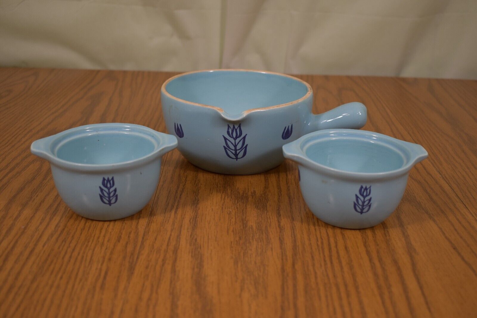 Vintage Cronin Pottery Tulip Blue  Pouring Bowl and Soup Bowls USA