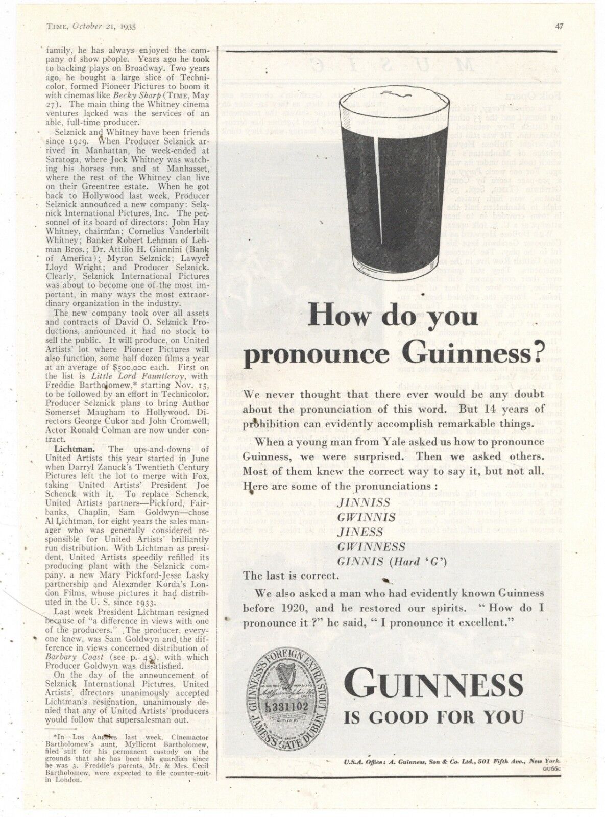 1935 Guinness Beer Print Ad: How Do You Pronounce \