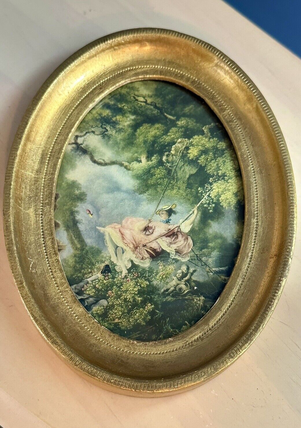 Vintage Italian Florentine Gilt Wood Oval Frame Fragonard’s The Swing