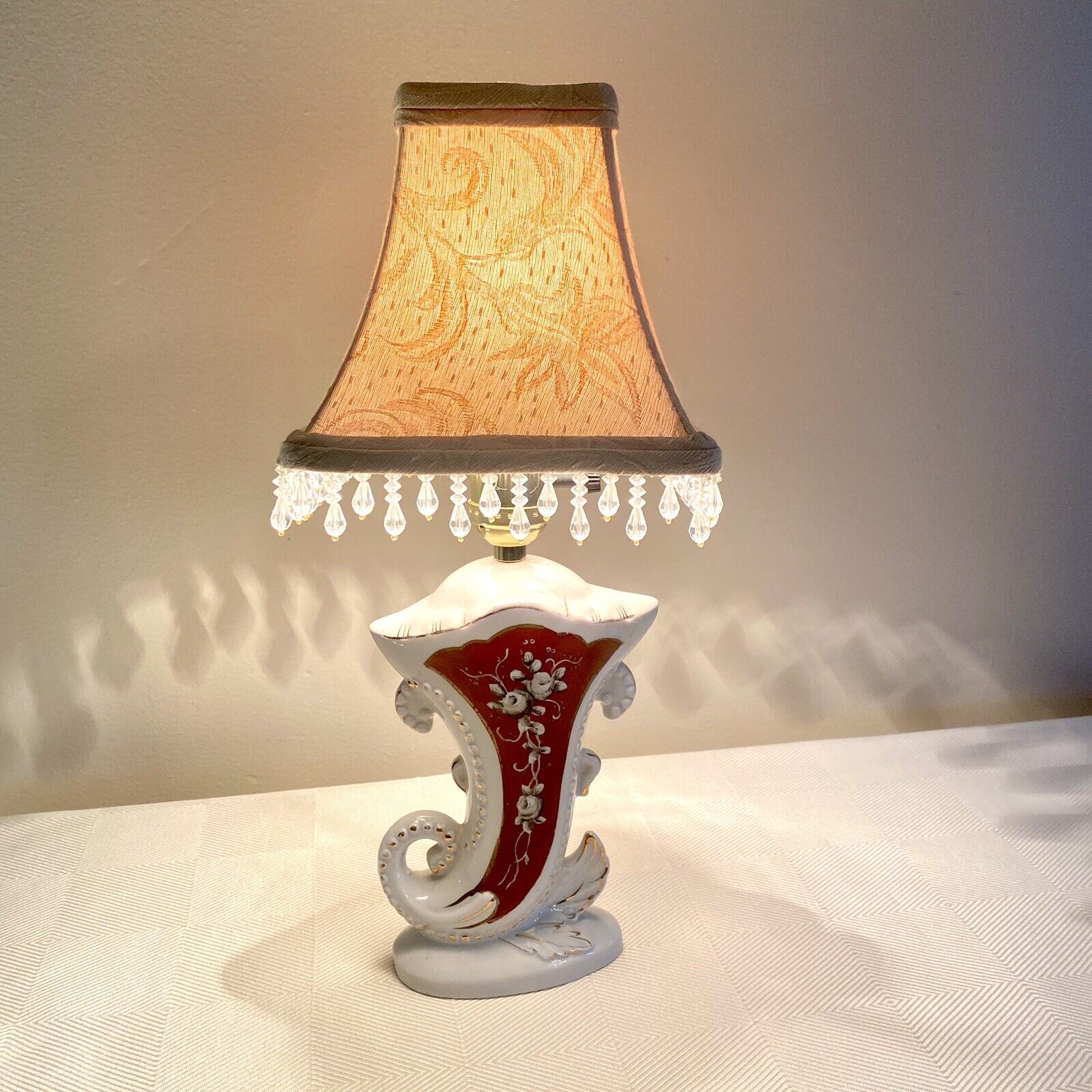 Vtg  Moriyama Japan Small Porcelain Lamp Table Accent Red Gold White #updated#