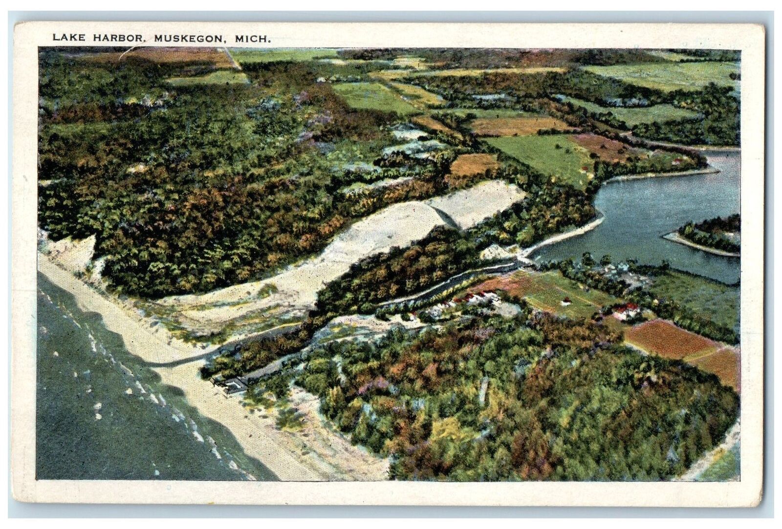 c1920\'s Aerial View Lake Harbor Shore Line Muskegon Michigan MI Vintage Postcard