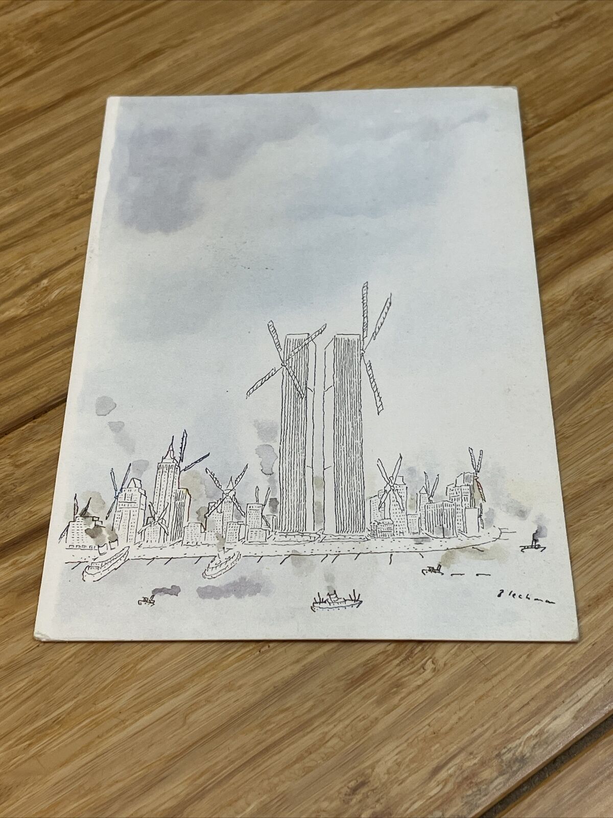 Vintage R.O. Blechman New York Windmill Print Postcard Twin Towers KG JD