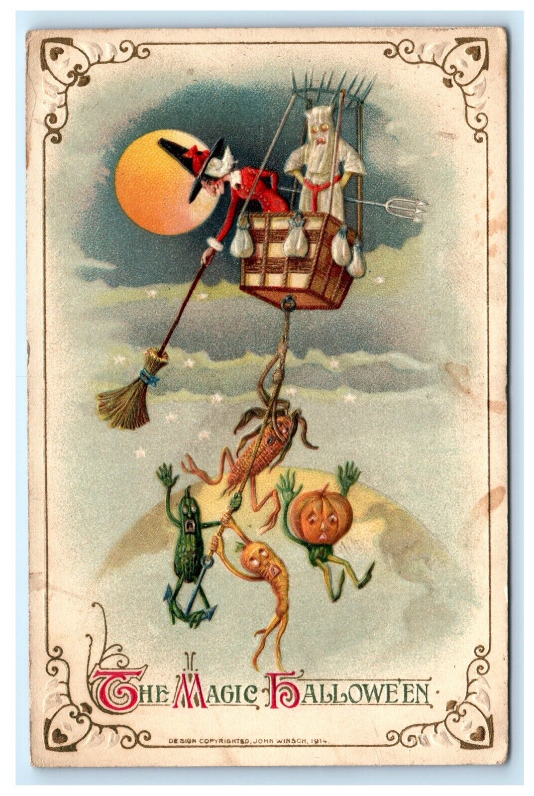 The Magic Halloween 1914 Winsch Postcard Witch & Devil Kill Veggie Men F10